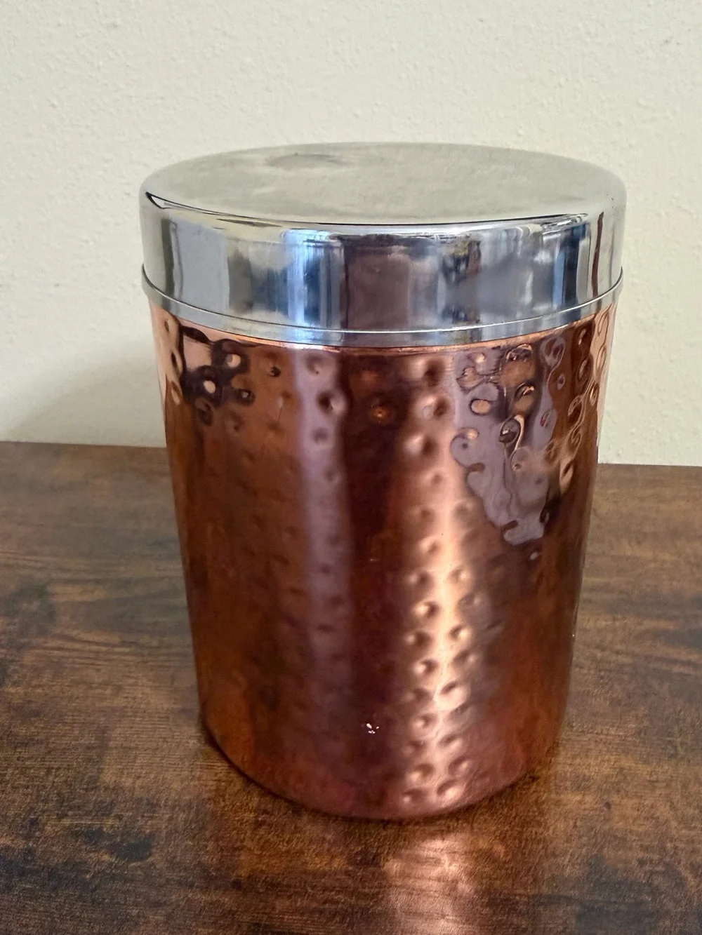 Hammered Copper Like Storage Canister with Silver Lid - Kitchen Coffee Accessory
